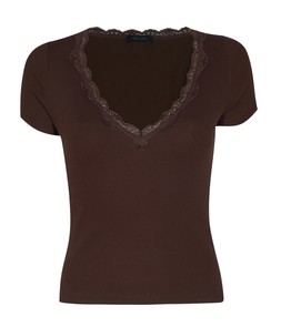 Dark Brown V Neck Lace Trim Top, £12.99