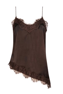 Dark Brown Satin Asymmetric Lace Hem Cami Top, £23.99 (947037427)