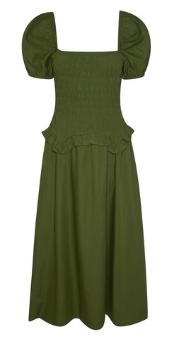 Dark Khaki Shirred Dropped Waist Midi Dress £37.99