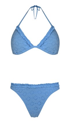 Light Blue Broderie Frill Triangle Bikini Top, £16.99, & Light Blue Broderie Voop Bikini Bottoms, £14.99
