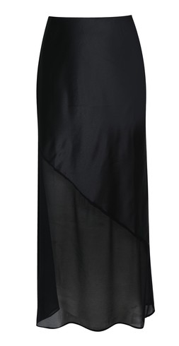 Black Asymmetric Panelled Satin And Chiffon Midi Skirt, £27.99 (932549901)
