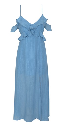 Blue Textured Cold Shoulder Frill Trim Midi Dress, £45.99 (920022340)