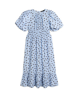 Blue Puff Sleeve Shirred Waist Spot Midi Dress