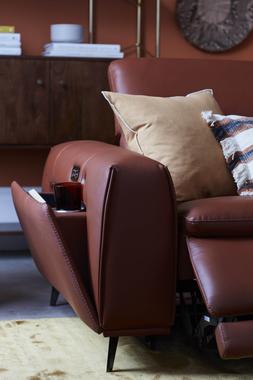 DFS Iconica Venosa three-seater recliner leather sofa with power storage and heated seats in Borelli cinnamon.