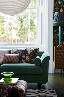 DFS Dame Four-Seater Sofa in Forest Green Velvet, DFS Dame Floral Banquette Footstool