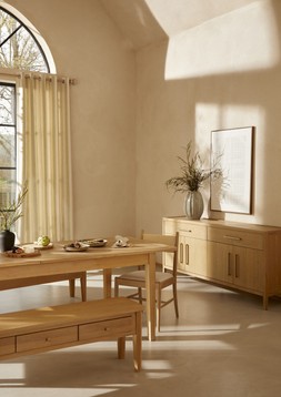 Beautility AW26 - Holden sideboard £499 | Organic ribbed vase £55 Bromley II dining table £479 | Bromley storage dining bench £229
