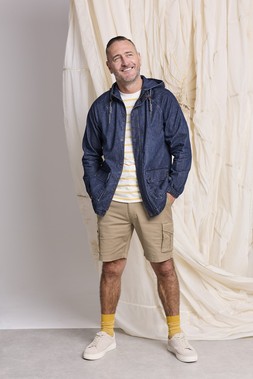 LIGHTWEIGHT COTTO JACKET INDIGO £49 & STRIPE CREW NECK T-SHIRT SOFT GOLD £15 & SIGNATURE STRETCH CARGO SHORTS PECAN £35