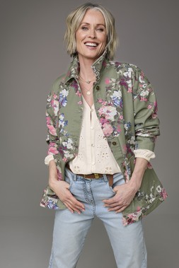 Printed Twill Oversized Jacket £59 , Long Sleeve Broiderie Blouse £45, Straight Leg Jeans £40(Available from July)