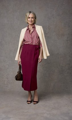 Single Breasted Blazer £59 , Long Sleeve Printed Cotton Shirt £35, Mock Wrap Linen Blend Midi Skirt £39 (Available from July)