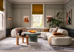 Waldorf 2 Seater Corner 1.5 Seater in Soft Sherpa Stone All Over, £2299 Luella Large Designer Footstool In Chenille Alpine Green All Over, £399