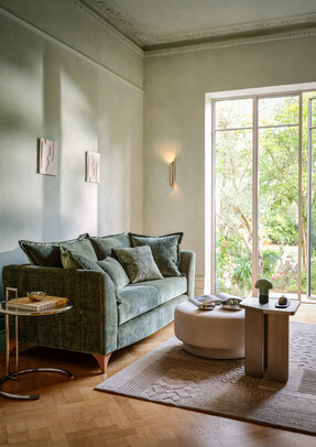 Luella 3 Seater in Luxe Chenille Alpine Green All Over, £1099 Luella Small Designer Footstool in Soft Sherpa Natural All Over, £349