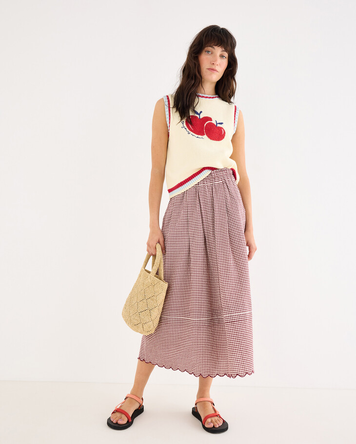 oliver bonas-burgundy gingam scalloped hem midi skirt 68 eur89-ref2346201