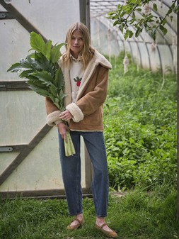 FatFace Bex Veg Graphic Sweatshirt, £52, Aspen Shearling Jacket, £130, Marlow Jeans, £59, Suede Ballerina Flats, £59