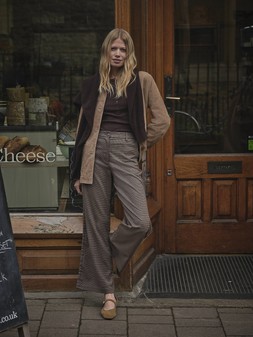 FatFace Erin Suede Jacket, £225, Mae Henley Top, £46, Halle Cardi, £59, Presley Mini Check Trouser, £69, Suede Ballerina Flats, £59