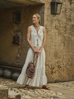 FatFace, FatFace, Becky Embroidered Waistcoat, £52, Rhea Cutout Maxi Skirt, £59, Evalie Tote Bag, £22.50, and Lazer Cut Sandals, £45.50