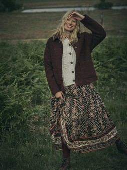 FatFace Faye Boucle Jacket, £110, Floral Cable Cardi, £69, Jayla Linear Maxi Dress, £65