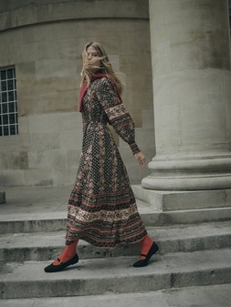 FatFace, Isabella Floral Maxi Dress, £89, Halle V Neck Jumper, £59, Suede Ballerina Flats, £59