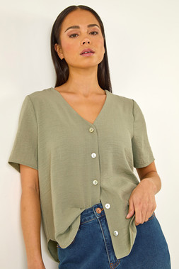 Roman Petite Khaki V-Neck Button Through Blouse