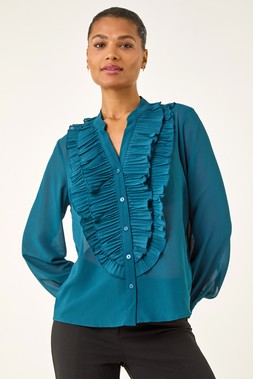 Roman Teal Ruffle Front V-Neck Blouse
