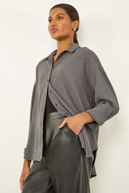 Roman Dark Grey Hotfix Collared Longline Shirt
