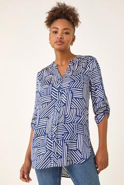 Roman Navy Geo Mono Print Buttoned Blouse