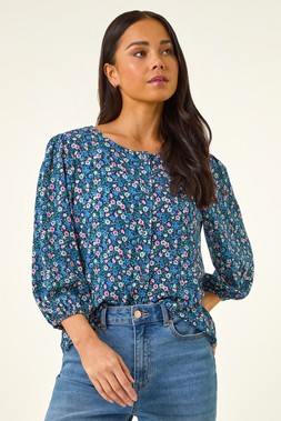 Petite Blue Ditsy Floral Button Blouse