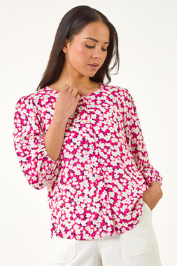 Roman Petite Pink Ditsy Floral Button Blouse