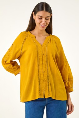 Roman Ochre Embroidered Sleeve Cotton Blouse