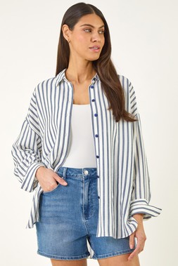 Roman Navy Stripe Print Button Blouse