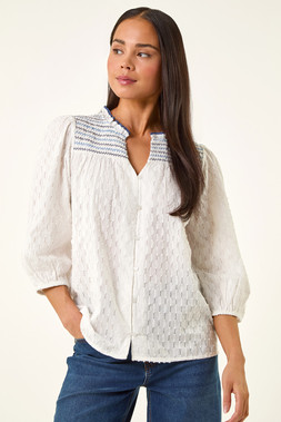 Petite White Smock Buttoned Blouse