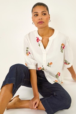 Roman Floral Embroidered V-Neck Blouse