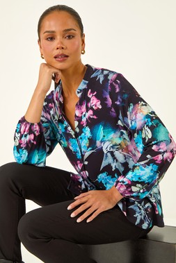 Roman Petite Navy Floral Buttoned Blouse