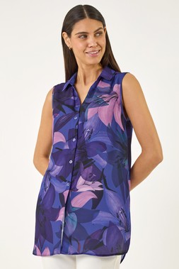 Roman Purple Floral Print Longline Blouse