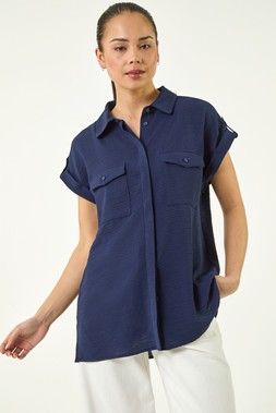 Roman Petite Navy Pocket Button Blouse