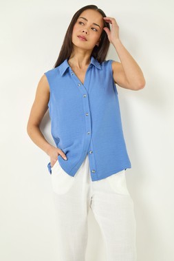 Roman Petite Blue Button Front Blouse