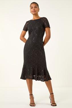 Roman Black Leaf Lace Sequin Midi Dress