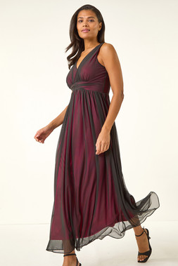 Roman Black Sleeveless Contrast Mesh Maxi Stretch Dress