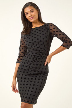 Roman Black Polka Dot Ruched Stretch Dress