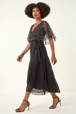 Roman Black Sequin Chiffon Wrap Maxi Dress