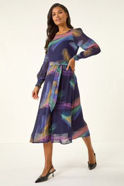 Roman Purple Feather Print Belted Midi Dress Rated 4.9 out of 5