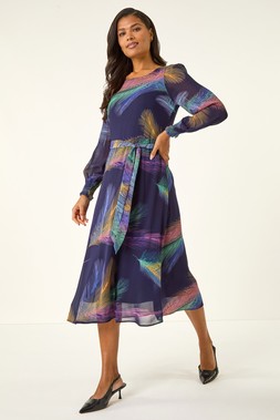 Roman Purple Feather Print Belted Midi Dress