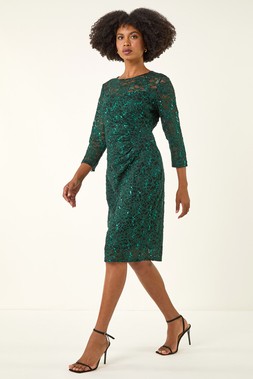 Roman Green Sequin Lace Ruched Stretch Dress