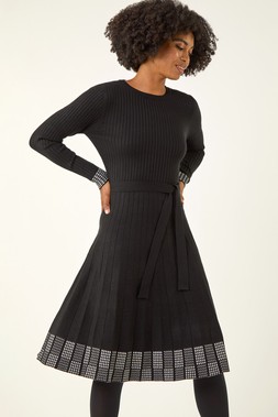Roman Black Ribbed Stretch Knit Border Print Dress