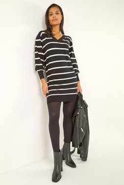 Roman Black Stripe V-Neck Knit Jumper Dress