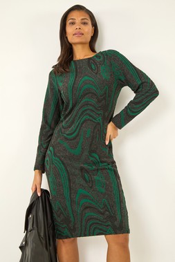 Roman Green Textured Swirl Pattern Stretch Midi Dress