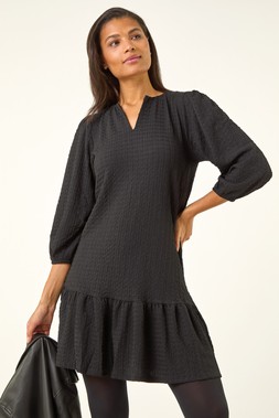 Roman Black Textured V-Neck Frill Hem Smock Dress