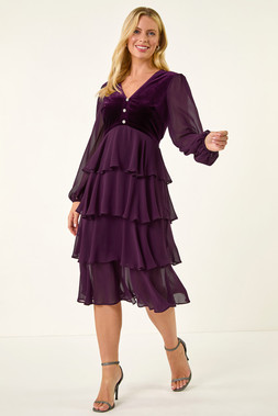 Roman Petite Plum Velvet Tiered Midi Stretch Dress