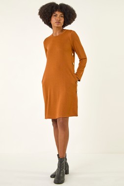 Roman Orange Side Button Detail Swing Dress
