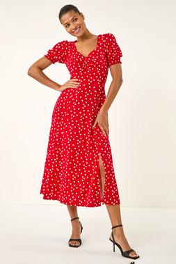 Roman Red Spotty Sweetheart Stretch Midi Dress