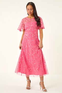 Roman Petite Embroidered Mesh Midi Dress